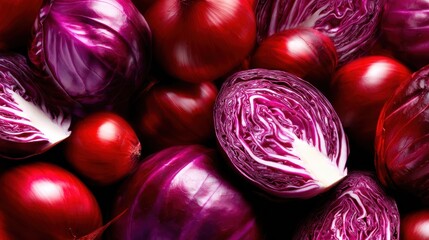 A colorful collection of red onions and purple cabbage creates a vibrant and healthy display, showcasing the beauty and nutritional value of fresh vegetables.