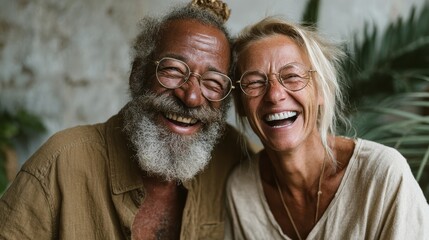 A happy elderly couple with big smiles enjoys a joyful moment together, embodying love and companionship amidst a natural, relaxing atmosphere that warms the heart.