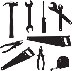 Variety of Black and White Hand Tools Illustration Carpentry Instruments Repair Equipment Construction Handiwork Industry Mechanical DIY Set