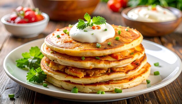 A stack of golden-brown pancakes on a white plate, topped with a dollop of white sauce. Accompanying items like berries and dip