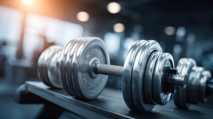 Fototapeta premium Close up of a metallic dumbbell on a gym bench with soft lighting