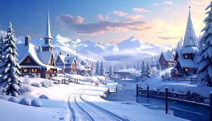A picturesque winter scene depicts a village nestled amongst snow-covered mountains with charming houses, a church, and serene landscape