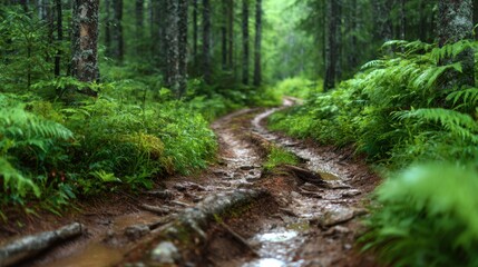A peaceful forest trail meandering through lush green foliage, evoking a sense of calm and connection to nature amidst tall trees and rich vegetation.