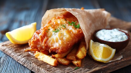 British fish and chips in paper wrap with tartar sauce.