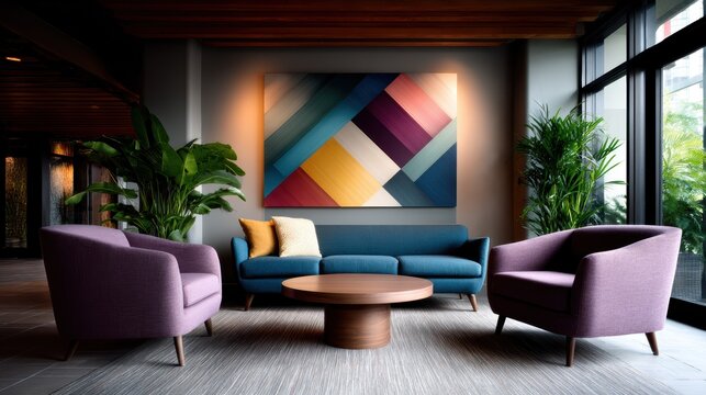 A modern lounge area features a vibrant geometric artwork on the wall, surrounded by stylish furniture and green plants, promoting a lively and elegant atmosphere.