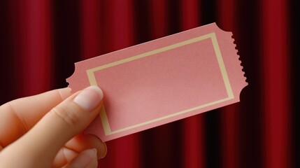 Blank Pink Ticket Held Before Red Curtain