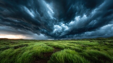 This image captures vivid lightning clouds moving over lush green fields, showcasing the dynamic tension between nature's beauty and its raw, untamed energy.