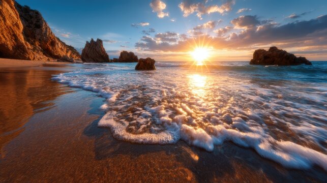 This captivating image showcases a breathtaking sunset over a rocky beach, with gentle waves lapping against the shore, creating a peaceful and serene atmosphere.