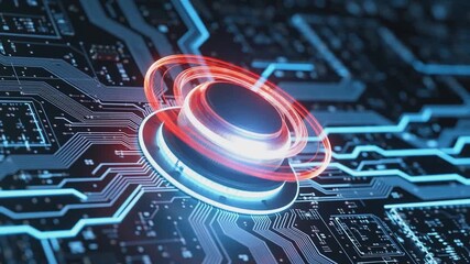 Close-up of a glowing red and blue core processor with circular rings on a futuristic digital circuit board, symbolizing data transfer and technology. - Powered by Adobe