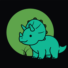 Cute triceratops cartoon standing on grass with a green circle background. Simple flat vector illustration of a baby dinosaur in adorable minimal style.
