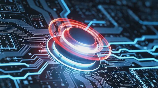 Close-up of a glowing red and blue core processor with circular rings on a futuristic digital circuit board, symbolizing data transfer and technology.