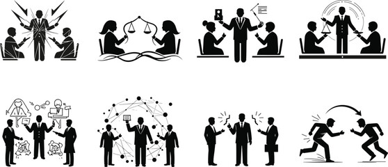 Business interaction icons, teamwork, negotiation, presentation, brainstorming, digital networking, conflict resolution, professional meeting, collaboration, leadership, communication, strategy