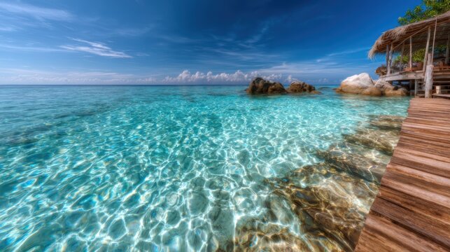 The sunlit turquoise waters of a tropical paradise shimmer beautifully around rocky outcrops, inviting viewers to imagine relaxation and adventure by the sea.