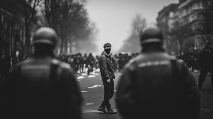 Masked Young Adult Standing Alone Facing Silhouettes of Riot Police Officers in Street — Black and White