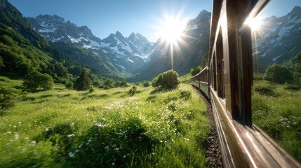 Experience a breathtaking train ride through stunning mountain landscapes, with vibrant greenery and snow-capped peaks glowing under the warm sunlight.