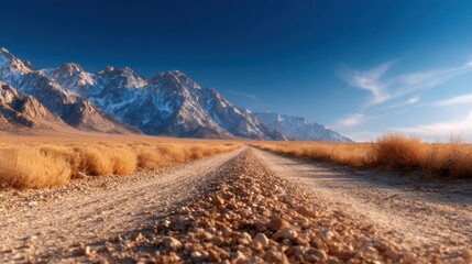 An adventurous perspective of a rugged dirt road winding through a stunning mountainous landscape under a clear blue sky, evoking feelings of wanderlust and exploration.