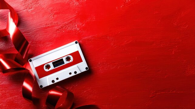 A vintage cassette tape rests against a vibrant red backdrop, accentuated by a flowing red ribbon, evoking nostalgia for music and retro pop culture aesthetics.