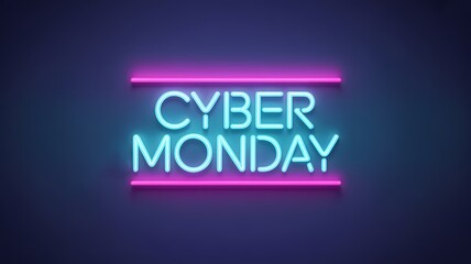 Bright neon cyber monday sign glowing in electric blue and pink against a dark background