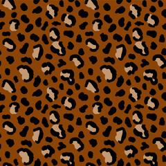 Seamless leopard fur pattern. Fashionable wild leopard print background. Modern panther animal fabric textile print design. Stylish vector black, beige and brown color illustration.