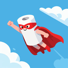 Toilet paper roll superhero flying with cape, quirky humor flat vector illustration © Hasher