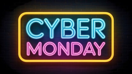 Bright neon sign displaying cyber monday sale announcement with vibrant blue and pink lights on a dark brick wall background