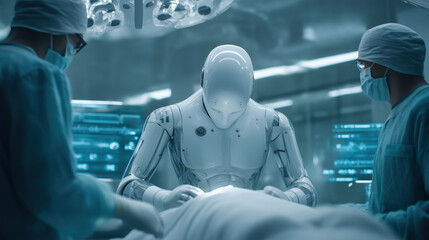 Futuristic AI Robotic Surgeon Performing Operation with Two Human Surgeons Assisting in Operating Room