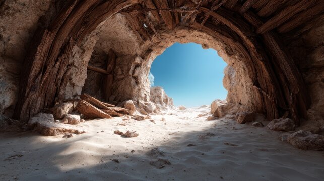 A stunning cave entrance reveals a breathtaking view of the sky, showcasing the interplay of rock formations and natural light in a captivating design.