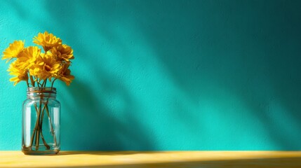 A vivid display of yellow flowers arranged in a glass jar against a bright turquoise wall, casting soft shadows on a warm wooden table to create a cheerful ambiance.