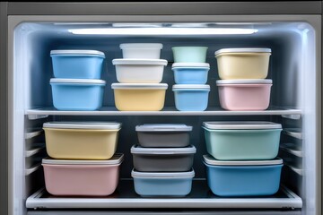 Colorful containers neatly organized in a modern refrigerator with various food items inside