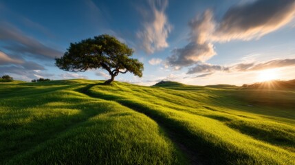 Obraz premium Capture the beauty of nature on a sunny hillside featuring a solitary tree under a dramatic sky at dusk, symbolizing solitude and the connection with the earth.