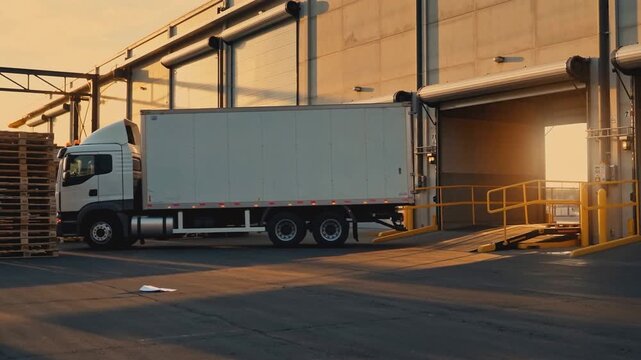 White delivery truck backing up to a loading dock bay door at a large industrial warehouse during sunset, ready for freight shipment.