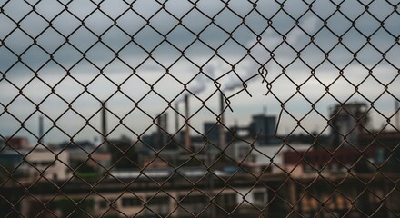 Chain link fence overlooking urban industrial landscape against overcast sky