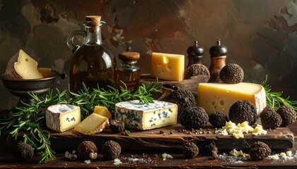 A still-life featuring assorted cheese, truffles, herbs, olive oil, pepper grinders, and accompaniments on a rustic wooden surface
