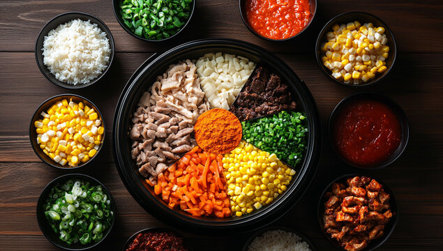 Naklejki Arranged Food Bowl Composition with Meat and Vegetables: Top Down Shot of Culinary Art and Fresh Ingredients