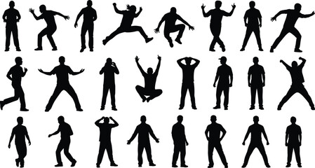 Human movement silhouettes, dynamic poses, gesture variety, running, jumping, crouching, standing, expressive posture, black and white, figure reference