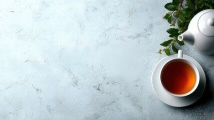 A comforting cup of tea placed beside fresh leaves against a soft backdrop, perfect for invoking feelings of warmth, calm, and a well-deserved moment of peace.
