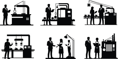 Industrial workers, robotic arms, machine operation, factory supervision, automation, clipboard inspection, manufacturing process, teamwork, control panel, production line, silhouettes