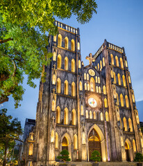St.Joseph's Cathedral,lit up at dusk,Hanoi,Vietnam.