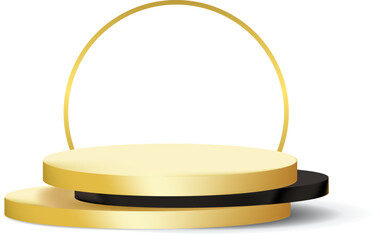 Realistic 3D vector illustration of a golden and black podium with a circular frame. The composition has no background