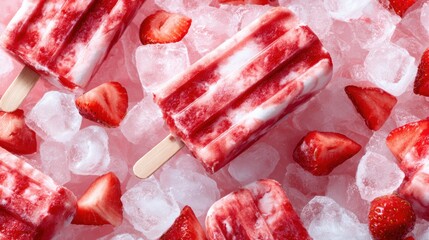 Delicious strawberry swirl ice pops resting on a bed of ice with fresh strawberries, showcasing vibrant colors and a refreshing summer treat perfect for hot days.