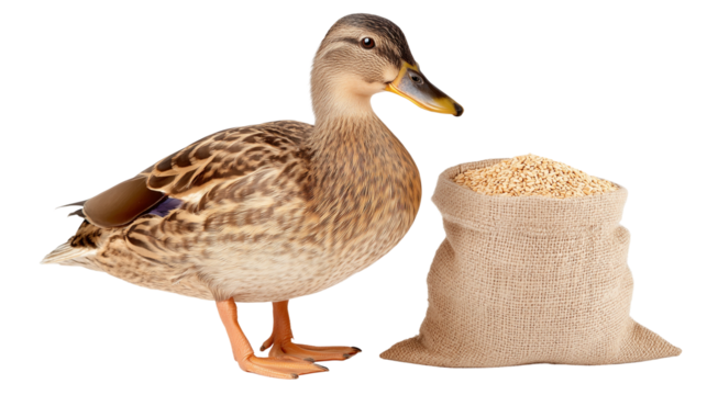 Duck Next to a Bag of Grain bird food