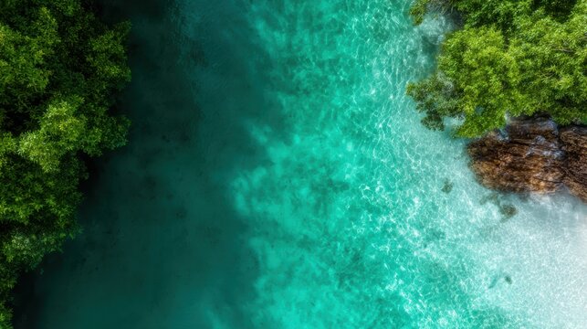 Aerial view of stunning turquoise waters seamlessly blending with verdant trees, creating a picturesque scene that highlights the beauty of nature at its finest.