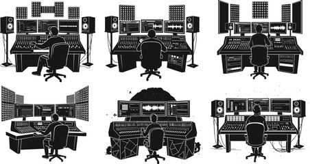 Obraz premium Music production studio, sound engineering, mixing console, audio workstation, silhouette setup, speakers, monitors, control panel, multimedia design, soundproof room