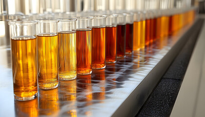 Golden brown liquid samples in glass cylinders beverage testing