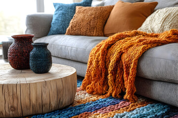 Cozy living room interior with knitted throw and decorative vases