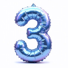 The image shows a shiny metallic blue balloon inflated in the shape of the number three on a white background, illustration for a birthday card.