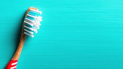 A vibrant, colorful toothbrush placed on a refreshing teal background, symbolizing cleanliness and vitality in personal hygiene and daily routines.