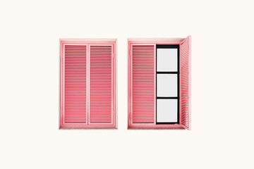 Light beige pink facade house with pink shuttered windows in bright summer sunlight, tropical vacation mood. Travel blogs, resort branding, and coastal lifestyle visuals. Minimal aesthetic trend