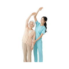 Fototapeta premium Empathetic caregiver assisting active senior woman with stretching exercises, promoting wellness and mobility, health and vitality, graceful aging process on transparent background