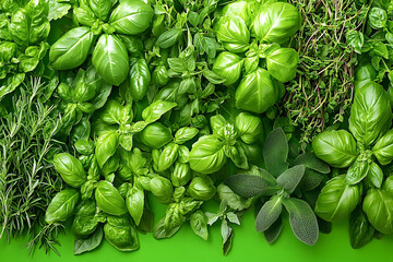 Vibrant green fresh herbs background culinary food photography